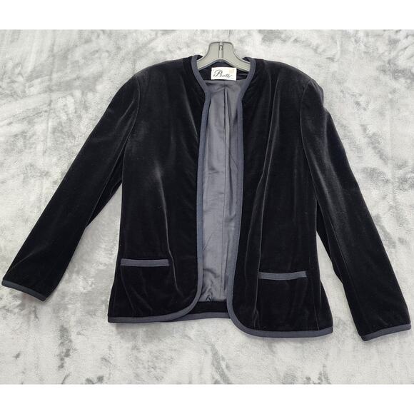 Vintage 60s Butte Velvet Collarless Open Front Formal Jacket Size M Black Velour - Picture 1 of 7